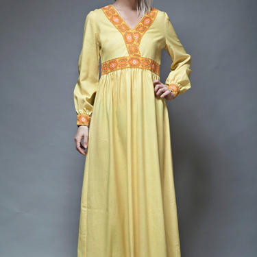 yellow maxi dress hostess empire waist vintage 70s floral trim M L MEDIUM LARGE long sleeves ankle length 
