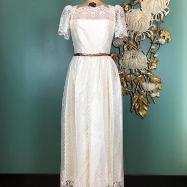 1970s formal dress, casual wedding, vintage 70s dress, cream lace and satin, puff sleeves, gunne sax style, size small, prairie style, boho 