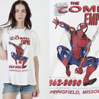 Vintage 80s Marvel Comics T Shirt / Spiderman Comic Book Warehouse Store Promo Tee / 1980s White Cartoon Superhero 50 50 T Shirt 