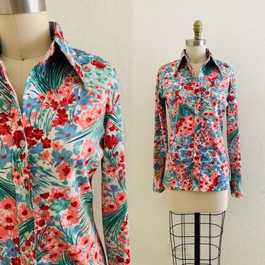 vintage 60's floral printed blouse // button down flowers top nwt 