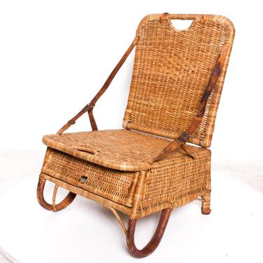 Vintage Folding Beach Chair Woven Wicker and Leather Sculpted Portable Travel 