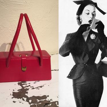 A Pop of Colour Upon Her Lips - Vintage 1940s 1950s Lipstick Red Leather Box Coffin Handbag Purse 