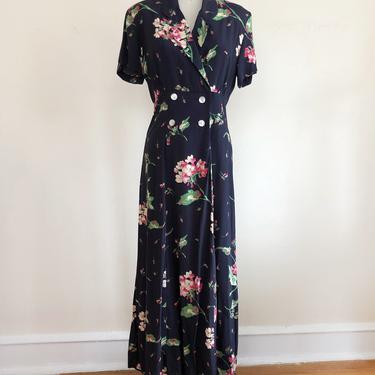 Navy and Pink Floral Print Midi Dress - 1980s 