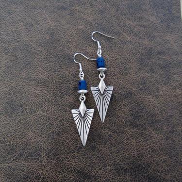 Etched silver earrings, blue beaded earrings, unique earrings, ethnic earrings, mid century modern earrings, brutalist statement earrings 