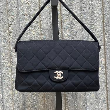 Vintage CHANEL CC Turnlock Logo Classic DOUBLE Sided Flap Black Jersey Matelasse Quilted Classic Shoulder Purse Bag - Rare! 