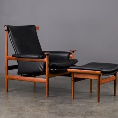 Finn Juhl 'Bwana' Lounge Chair and Ottoman Danish Modern Black Leather 