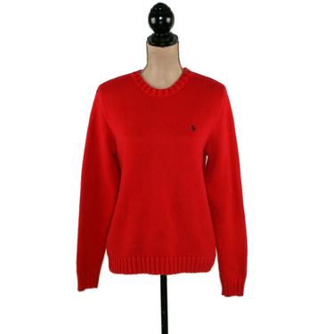 80s Red Cotton Knit Sweater, Unisex Medium Large, Crewneck Pullover, 1980s Clothes Vintage Clothing from Polo by Ralph Lauren Made in Japan 