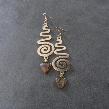 Extra long earrings, huge statement bohemian earrings, bold spiral earrings, brown mother of pearl shell earrings, boho brass earrings 