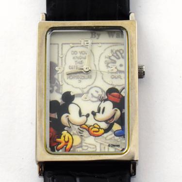 Vintage Disney Time Works Mickey & Minnie Mouse rectangle watch, hard to find Theme Park Edition cartoon panels wrist watch 