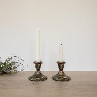 Tarnished Silver Plate Candlestick Pair | Set of 2 Vintage Newport by Gorham Silverplate Taper Candle Holders 