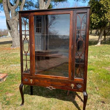 NEW - Antique All Glass Curio China Display Cabinet, Vintage Solid Wood Glass Hutch with Original Fretwork 