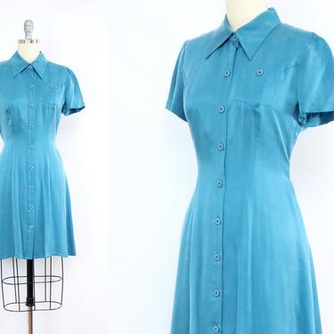 Vintage 90's Teal Silky Rayon Mini Dress / 1990's Summer Button Up Mini Dress / Size Small by Ru