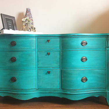 SOLD - Antique Buffet Sideboard/Dresser Distressed and Hand Painted French Country Cottage /Turquoise/Aqua 