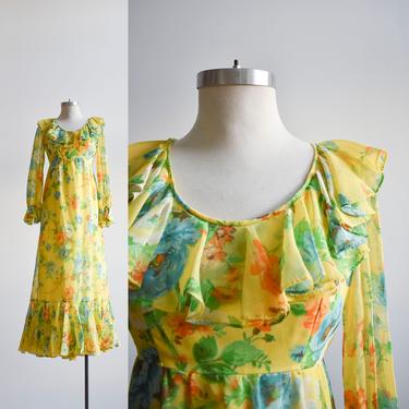 1970s Yellow Floral Maxi Dress 