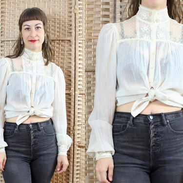 Vintage 70's Off White Mock Neck Lace Semi Sheer Blouse / 1970's GUNNE SAX Jessica's Gunnies Button up Top / Women's Size Small Medium by Ru