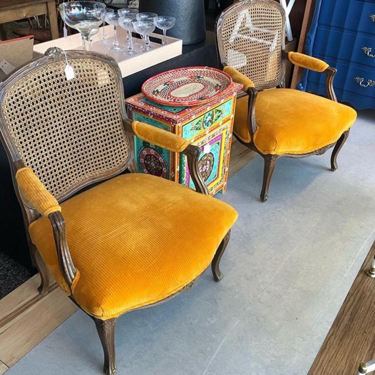                   Cane back chairs $195 each! Bright colorful chest $135!