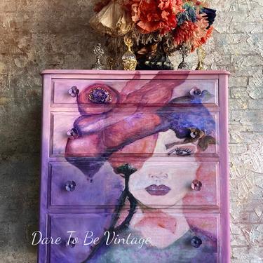 Hand Painted Bohemian Floral Dresser ~ Women's Portrait Painted Dresser  - Painted Furniture ~ Boho Chic Floral Dresser 