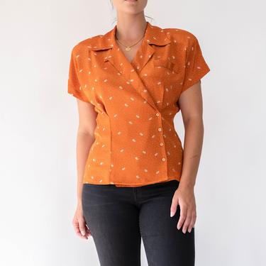 Vintage 80s Does 40s TESS Orange Fan Polkadot Print Button Wrap Loop Collar Rayon Blouse w/ Broad Shoulders | 1980s Does 1940s Designer Top 