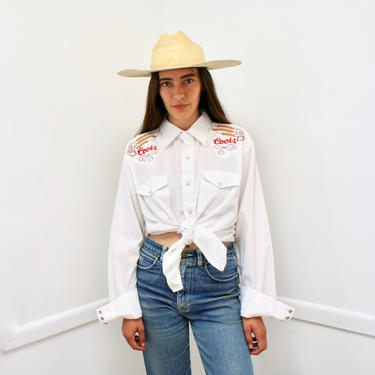 Coors Embroidered Waterfall Shirt // vintage 70s boho white river tee t-shirt t dress beer western blouse Coors' 80s shirt oversize // O/S 