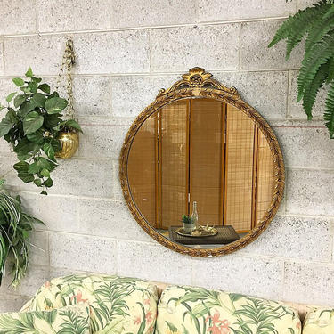 LOCAL PICKUP ONLY Vintage Mirror 1960s Retro Size 34x30 Round Hollywood Regency + Gold Painted Ornate Carved Wood Details Mirror Home Decor 