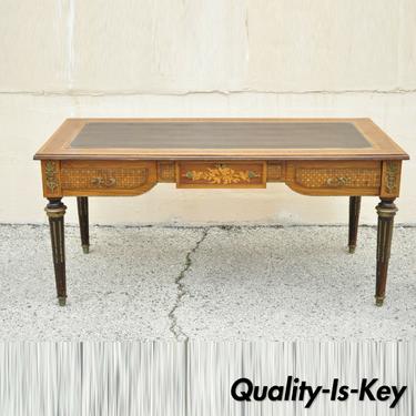 French Louis XVI Style Leather Top Bureau Plat Large Floral Inlay Executive Desk
