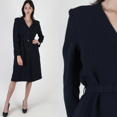 Crepe Parisian Dress / Vintage Simple 80s Navy Blue Secretary Dress / 1980s Plain Office Uniform Dress / Navy Minimal Belted Midi Mini Dress 