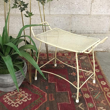 Vintage Stool Retro 1960s Creme Metal Wire Frame Bench with Side Handles + Metal Cutout Seat + Entryway Seating + Mid Century + Home Decor 
