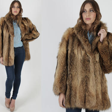 Warm Winter Fox Fur Coat / Brown Shaggy Real Fox Fur Jacket / Vintage 70s Natural Plush Mountain Man Apres Ski Overcoat 