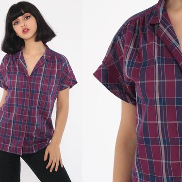Plaid Shirt 80s Button Up Blouse Checkered Print Cap Sleeve Boho 1980s Top Short Sleeve Shirt Vintage Cotton Plaid Purple Small 
