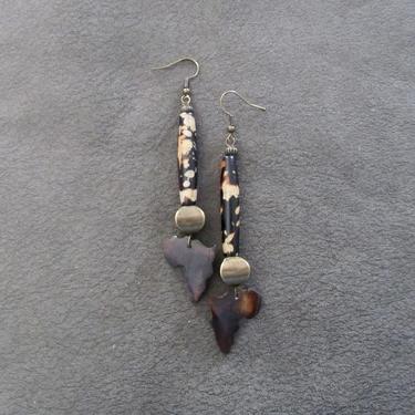Carved bone earrings, Afrocentric African earrings, bold statement earrings, ethnic batik print earrings, exotic earrings, long earrings 
