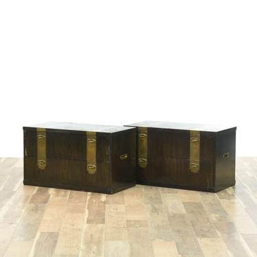 Pair Of H. Dinwoodey Campaign Style Nightstands W Brass