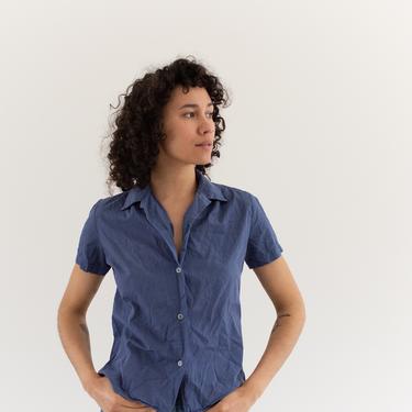 Vintage Rinsed Blue Short Sleeve Shirt | Overdye Simple Blouse | Crinkled Cotton Work Shirt | S | 