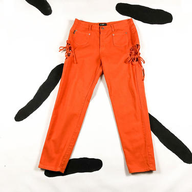 90s / y2k / Orange Jeans with Circular Cut Outs / Drawstrings / Parkers / XXL / Patch Pockets  / Plus Size / Cyber / Club Kid / 00s / Neon 