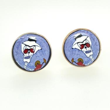 Vintage Sterling Silver Stone Inlay Hunter S Thompson Pictoral Mens Cufflinks Unique Skeleton 