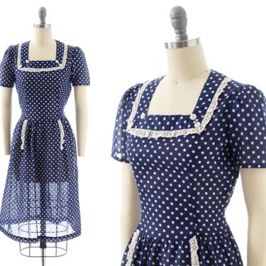 Vintage 1930s Dress | 30s Polka Dot Cotton Navy Blue Puff Sleeve Fit and Flare Day Dress (small) 