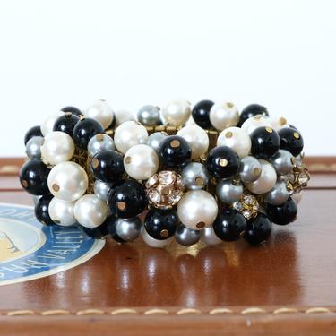 vintage 1960s beaded bracelet • black & white pearlized beads with rhinestone stretch bracelet 