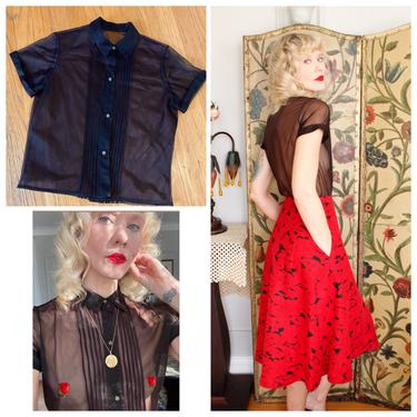 1950s Blouse // Sheer Black Nylon Blouse // vintage 50s blouse 
