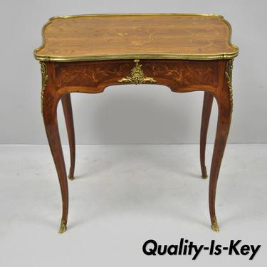 French Louis XV 2 Drawer Inlaid Table &amp; Green Leather by C. Mellier &amp; Co London