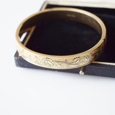Antique Etched Bangle Bracelet | Enameled Rose Motif | Edwardian 12 Karat Gold Fill Hinged Etched Bracelet 