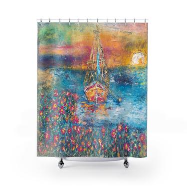 Nautical Sailboat Sunset Shower Curtain ~ Colorful Sailboats Shower Curtain ~ Boat Shower Curtain ~ Beach House Decor ~ Bathroom Decor 