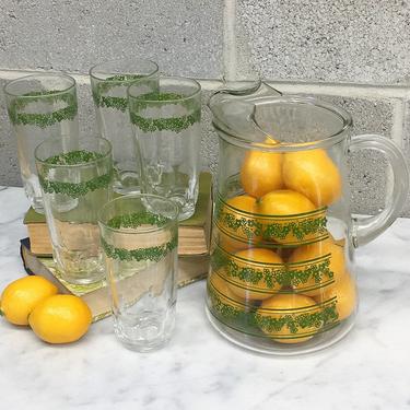 Vintage Pitcher and Glass Set Retro 1960s Mid Century Modern + Arcoroc + Made in France + Spring Blossom + Green Flowers + Kitchen and  Bar 