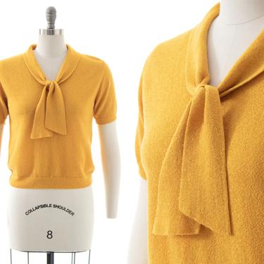 Vintage 1950s Sweater Top | 50s Knit Mustard Yellow Tie Neck Short Sleeve Pullover Pin Up Secretary Blouse (small/medium) 