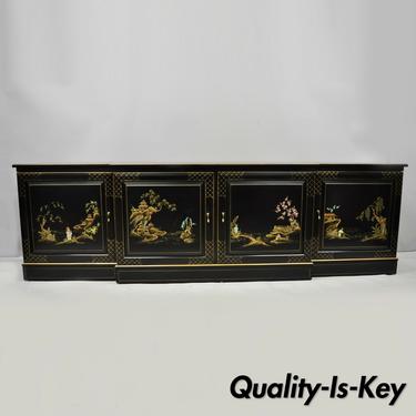 Vtg Oriental Hand Painted 90" Long Black Lacquer Japanned Low Credenza Cabinet
