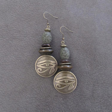 Egyptian African earrings, bold statement earrings, ethnic tribal earrings, wooden earrings, Afrocentric eye of Horus earrings, mythology 