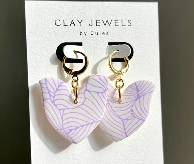 Flower Power | Lightweight Handmade Clay and Resin Dangle Earrings, White and Lavender by ClayJewelsByJules