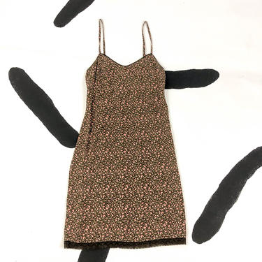 90s Brown and Pink Micro Floral Print Slip Dress / Allover Print / Ditsy Floral / Rayon / Grunge / Summer / Size 4 / Spaghetti Strap / Small 
