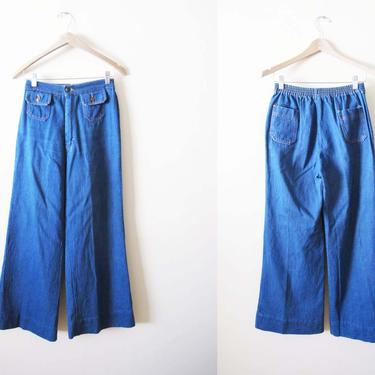 Vintage 70s Wide Leg Jeans 28 30  S M  - 1970s High Waist Denim Bell Bottoms - 70s Boho Hippie Denim - Vintage Wide Leg Dark Wash Blue Jeans 