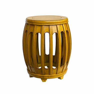 Chinese Oriental Yellow Round Barrel Wood Stool Ottoman Table cs7041E 