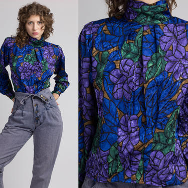 80s Floral Stained Glass High Collar Blouse - Small | Vintage Pleated Long Sleeve Button Up Top 