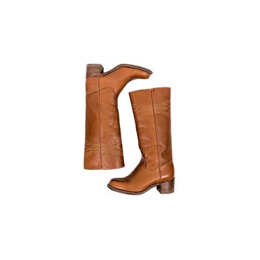 frye girl | vintage 80s frye boots | vtg 1980s western campus boot | knee | leather | 7/7.5 | cowboy | cognac 